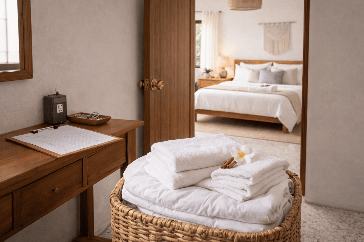 Guest-ready room with clean linens in a Sri Lankan home, no text.